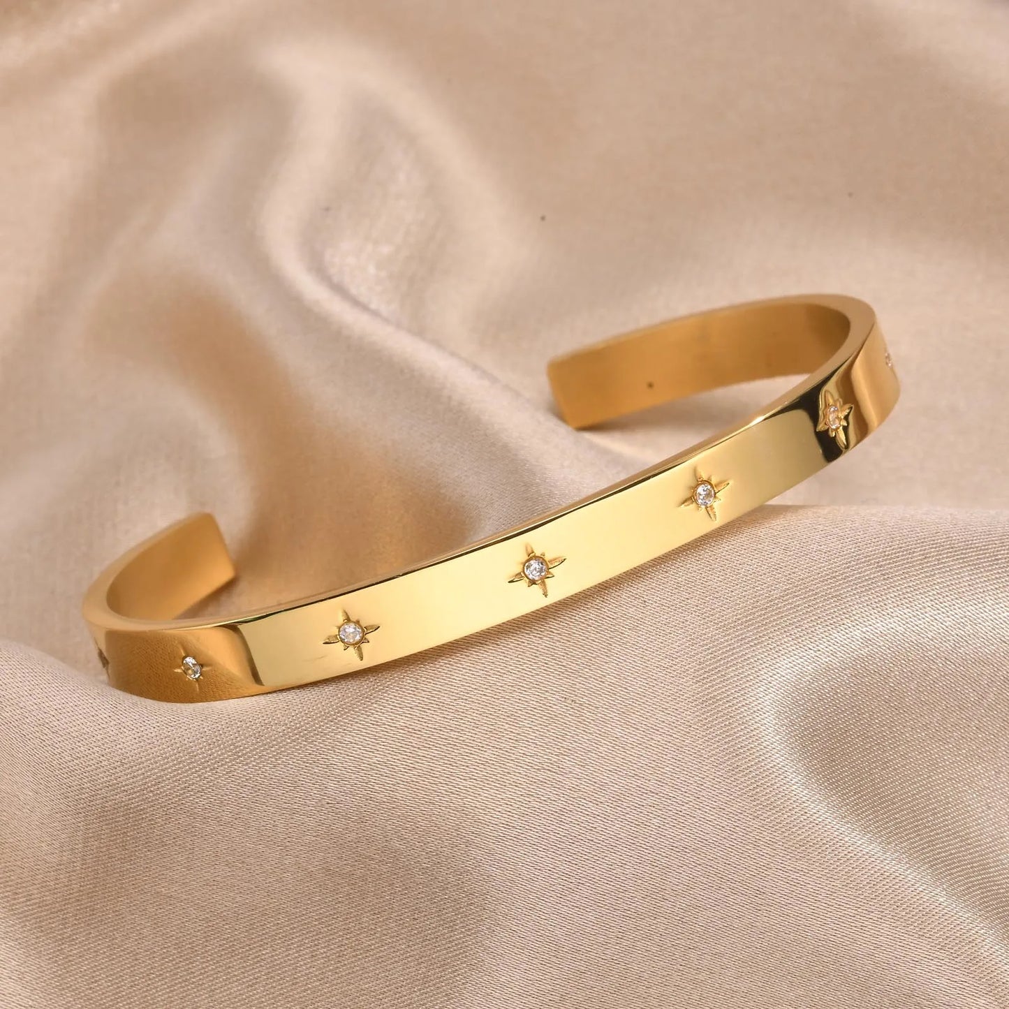 Offenes verstellbares Stern Starburst Manschette Armreif für Frauen Edelstahl Zirkonia Inlay Charm geschichteten Schmuck