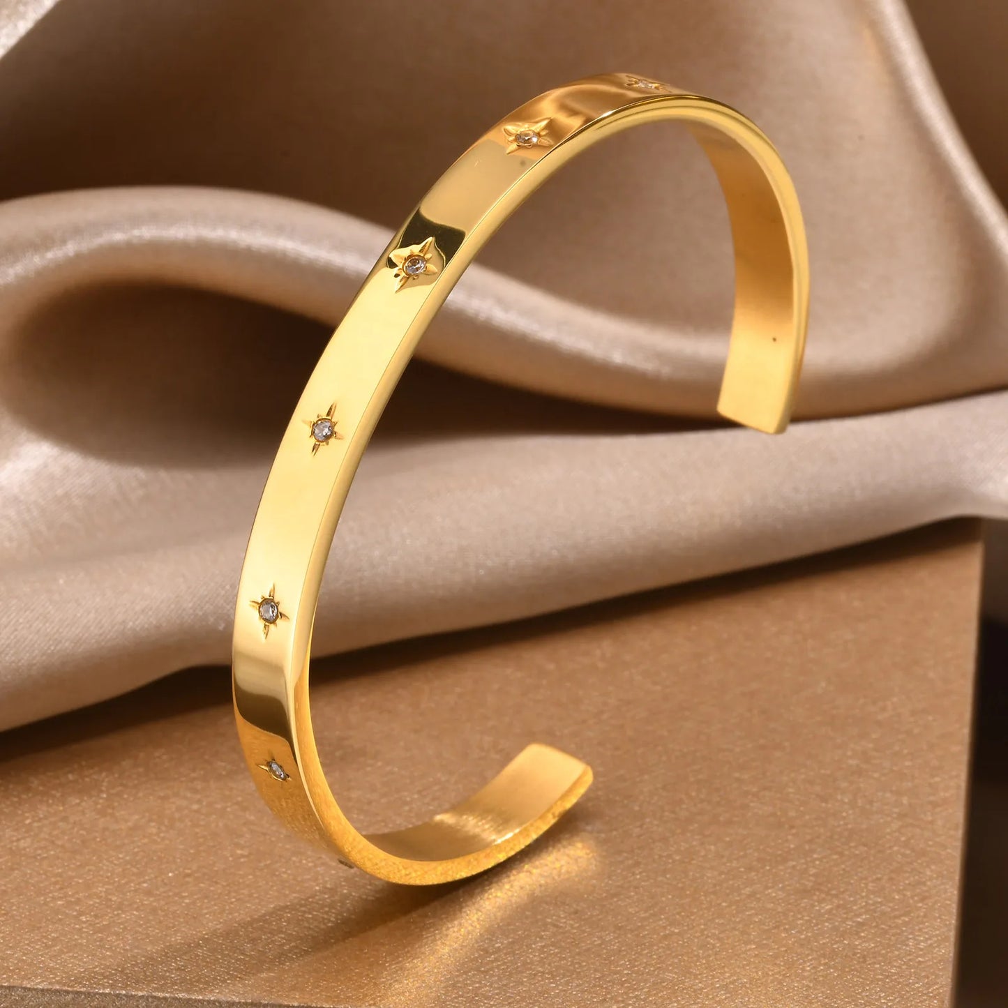 Offenes verstellbares Stern Starburst Manschette Armreif für Frauen Edelstahl Zirkonia Inlay Charm geschichteten Schmuck